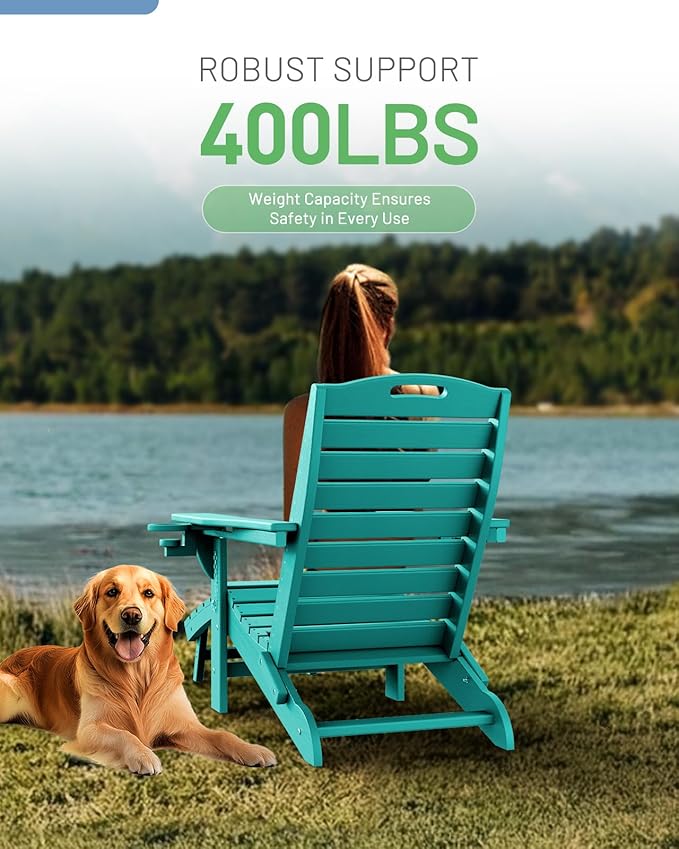 Folding Adirondack Chair with Retractable Ottoman Weather Resistant Fire Pit Chair Patio Chair with 2 Cup Holder Lawn Outdoor Lounge Chair (Tiffany Blue)