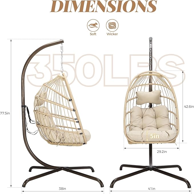BLUEXYARD Indoor Swinging Egg Chair with Stand, 350 Lbs Water-Resistant Wicker Hanging Hammock Chair with Comfy Cushion, Outdoor Heavy-Duty Eggshell Basket for Balcony Patio Bedroom Garden, Beige