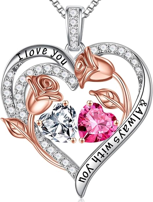 Iefil Christmas Gifts for Women Wife - 925 Sterling Silver Rose Heart Birthstone Necklace Birthday Anniversary Jewelry Gifts for Her Wife Mom Daughter