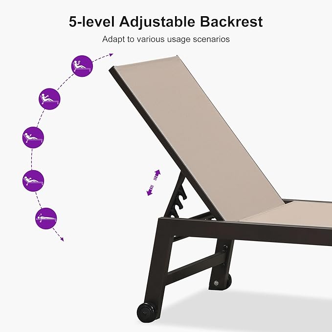 PURPLE LEAF Outdoor Chaise Lounge Chair Set of 3, Pool Lounge Chair for Outside, Aluminum Patio Chaise Lounger with Adjustable Backrest and Wheels for Deck, Outside, Lawn, Garden, Sand Beige