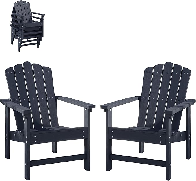 Stackable HDPE Adirondack Chairs Set of 2 – Durable, Weather-Resistant Outdoor Patio Seating, Low Maintenance Poly Lumber Chairs for Porch, Deck, Garden, Fire Pit (Blue)