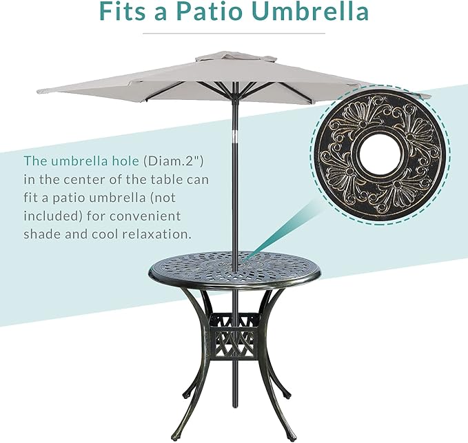 MEETWARM 3 Piece Patio Bistro Set, Outdoor All-Weather Cast Aluminum Dining Furniture Set Includes 2 Cushioned Chairs and a 31” Round Table with Umbrella Hole for Garden Deck
