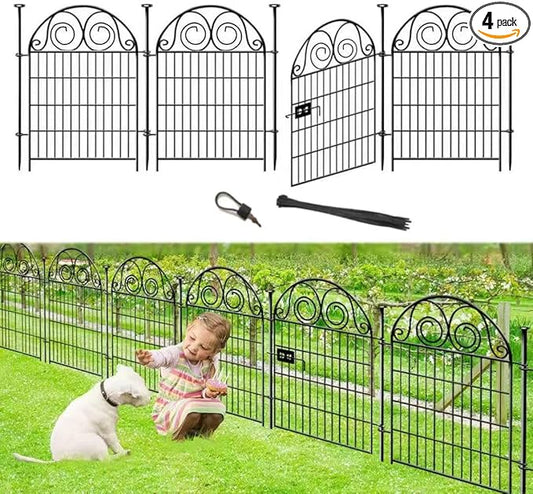 Tall Garden Fence with Gate, 40 Inch(H) 4 Panels Total Length 8.8 Ft Dog Fences Outdoor for Yard, Black Metal No Dig Fencing for Dogs, Reusable Decorative Fence for Garden│Patented