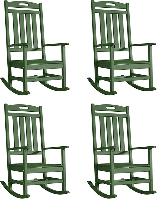 Outdoor Rocking Chair Set of 4, High Back Plastic Patio Rocking Chairs for Outside Porch Rocker Garden Lawn, All-Weather Resistant Poly Lumber Rocker Chair Outdoor, Dark Green