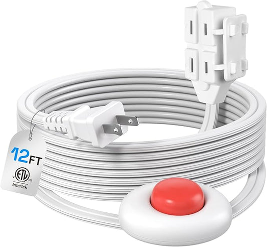 BN-LINK 12ft Extension Cord with Footswitch 16/2 SPT-2, 3-Outlet Indoor Extension Cord with On Off Switch, for Christmas Tree and Holiday Decorations, White