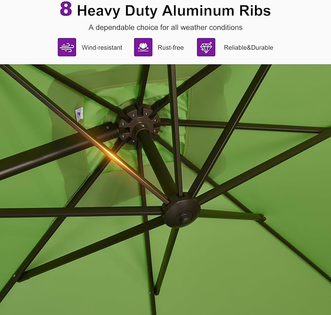 PURPLE LEAF 9' X 11.5' Rectangle Cantilever Umbrella with Base Patio Umbrella Outdoor Aluminum Offset Hanging Umbrella with 360-degree Rotation for Pool Garden Backyard Deck, Green