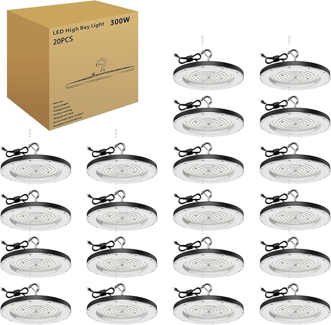 Zelvia 20 Pack LED High Bay Lights 300W 5000K AC110V-130V with US Plug - 30000 LM Commercial Bay Lighting for Barn Warehouse Garage