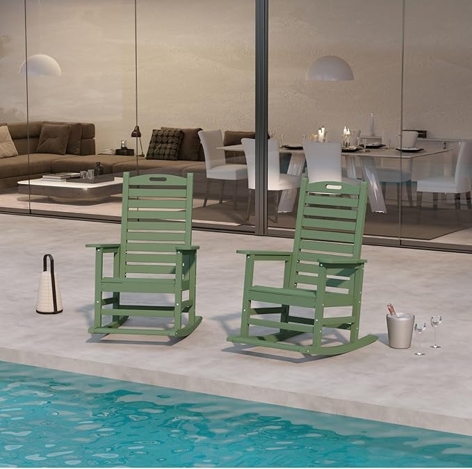 Outdoor Rocking Chairs Set of 2 with Footrest & Side Table, HDPE Modern Rocking Lawn Chair for Garden, Poolside, Deck (Green)