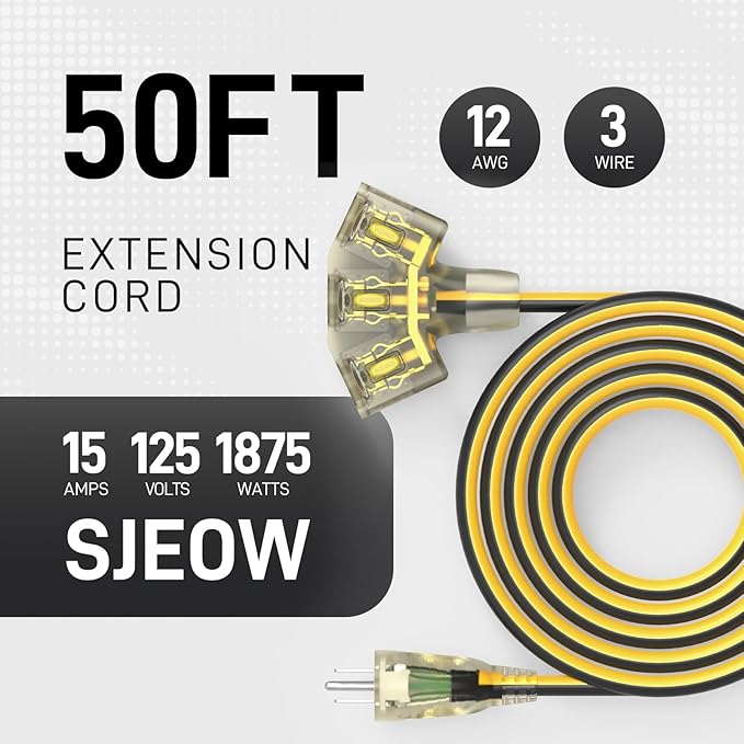 50FT Extra Long Heavy Duty Outdoor Extension Cords, 12/3 Gauge Electrical Wire Cable, 15 Amp Waterproof, LED Lighted Locking Plug for Indoor and Outside Use, Power Cord ETL Certified