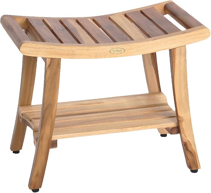 EcoDecors 24 Inch Harmony Natural Color Waterproof Teak Wood Shower Bench Stool Seat Chair For Inside Shower Storage Shelf Provides Safety, Storage, and Organization For Bathroom Accessories
