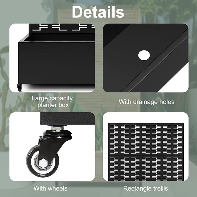 Metal Large Planter Box with Trellis, Raised Garden Beds with Privacy Screen & Wheels for Outdoor Plants, Planter Boxes with Drainage Holes (47" L×16" W×71" H, Black Rectangle)