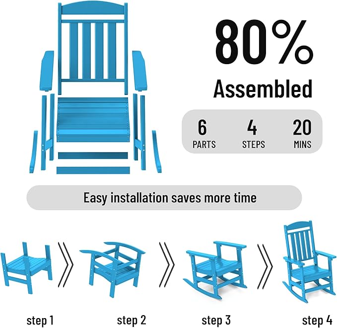 Outdoor Rocking Chairs Set of 6, Oversized High Back Patio Rocking Chairs, All Weather Porch Rocking Chairs for Outside. Pacific Blue