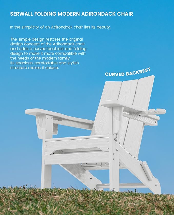 SERWALL Modern Folding Adirondack Chair Set of 4, Weather Resistant HDPE Outdoor Adirondack Chair with Cup Holders, Fire Pit Chairs for Patio Lawn Garden, White
