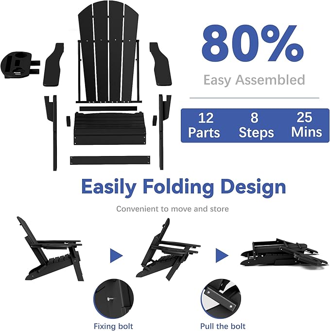 FOOWIN Folding Adjustable Adirondack Chair Set of 6,HDPE Adirondack Chair w/4 in 1 Cup Holder Trays,All-Weather Resistant Fire Pit Chair, Outdoor Chair for Patio Lawn Poolside,400lbs,Black