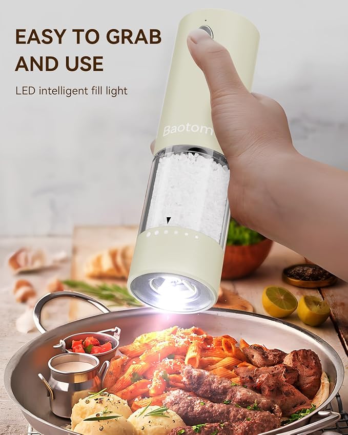 Electric Salt and Pepper Grinder Set with Dual Charging Base, 6 Adjustable Coarseness Levels & External Grind Settings, One-handed Operation Salt and Pepper Mills with LED Light,Beige