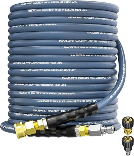 Pressure Washer Hose 75FT 3/8" for Cold and Hot Water 212°F, with Swivel Quick Connect, 4500PSI Kink Resistant Grade Steel Wire Braided, Power Washer Hose With 2pcs M22-14mm Adapter