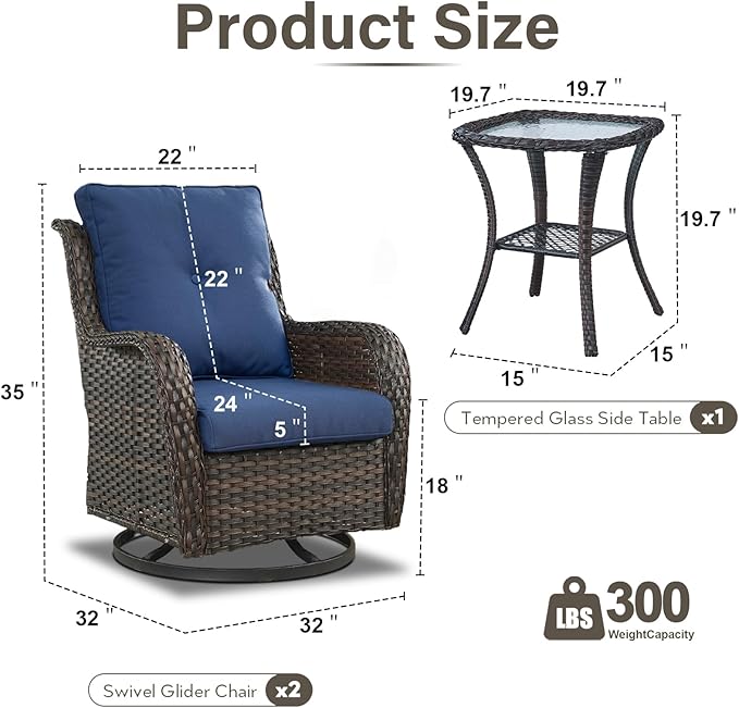 Outdoor Swivel Rocker Patio Chairs with 5" Thick Cushion - 3 Piece Wicker Bistro Set with Side Table, High Back Comfty Outdoor Glider Chairs for Balcony, Porch, Deck, Poolside - Brown/Blue