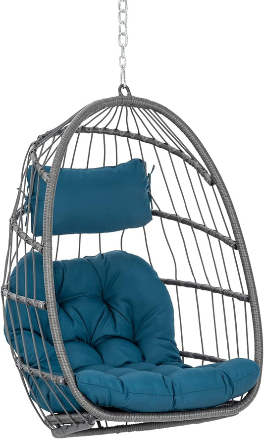 Yechen Wicker Rattan Hanging Egg Swing Chair with Hanging Chain Outdoor Indoor, Foldable Hammock Egg Basket Chairs Without Stand with Aluminum Frame and UV Resistant Cushion for Bedroom Porch
