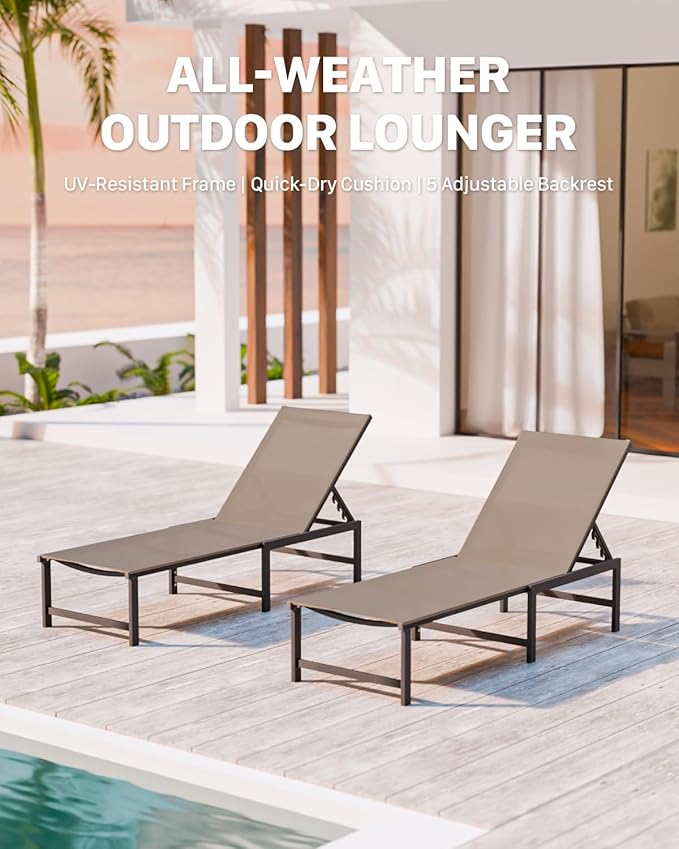 Chaise Lounge Chair Outdoor,Aluminum Patio Lounge Chairs,Lounge Chairs with 5 Adjustable Backrest and Headrest Pillows for Outside Beach,Khaki