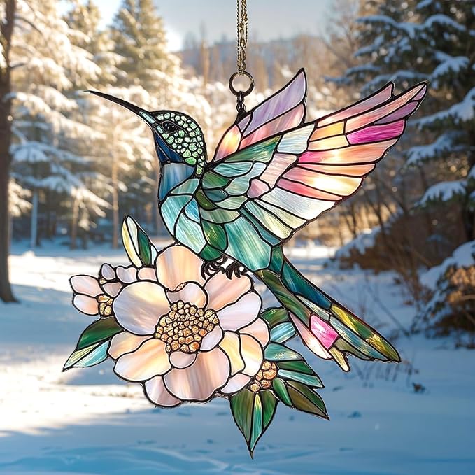 Hummingbird Christmas Ornament Bird Lovers Suncatcher Window Hanging Acrylic Stained Glass Effect Art Garden Decor Unique Gift for Mom Bird Watchers Thanksgiving
