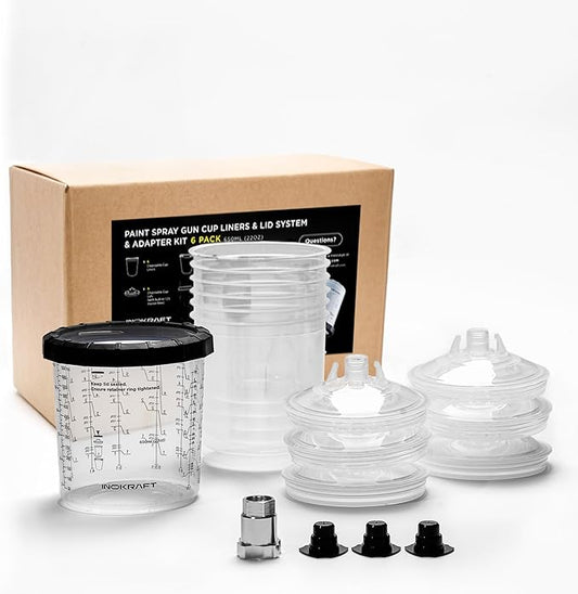 InoKraft Disposable Paint Spray Gun Cup, Standard 22 Ounce (650ml) Kit with 6 Cups and Lids, 1 Hard Cup with Retainer Ring, 3 Plugs, Paint System for HVLP LVLP Spray Gun with Adapter for Beginner