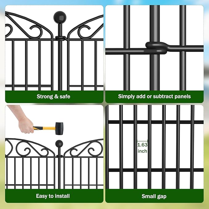 10 Panel No Dig Decorative Garden Fence - 48in H x 22.5ft L, Tall Animal Barrier for Dogs Rabbits, Rustproof Metal Wire Panels for Yard, Patio, and Outdoor Border Use