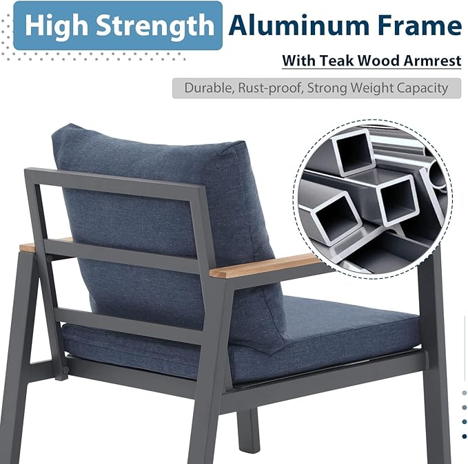 JOIVI Aluminum Patio Furniture Set, 4 Pieces Outdoor Conversation Set with Teak Wood Top Coffee Table, Sectional Sofa Set with Wood Armrest and Cushions for Outside Poolside, Lawn, Backyard, Navy Blue