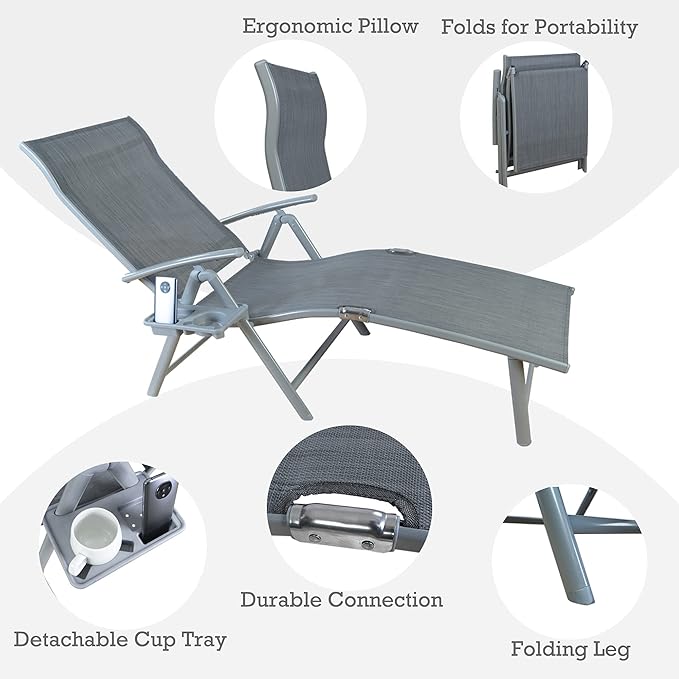 Kozyard Cozy Aluminum Reclining Lounge Chair - Perfect for Beach, Yard, Pool, Deck, and Patio - Outdoor Chaise Lounge with Drink Holder, Weather Free, Adjustable - Assemble-Free (1 Pack, Grey)