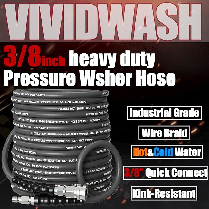 Kink-Resistant 3/8" Pressure Washer Hose 4800PSI(150FT),Steel Wire Braided Wear Resistant Rubber for Commercial, Industrial and Residential Use,Hot&Cold Water Hose with 3/8" Quick Connect