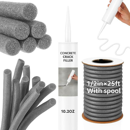 Backer Rod Concrete Crack Filler Set 1/2 Inch x 25 ft Foam Backer Rod with 10.2 oz Self-Leveling Sealant, Waterproof, Weather Resistant for Gaps Concrete Crack Filler Cement Repair (Gray)