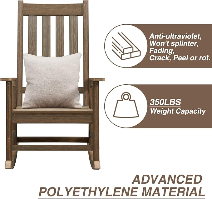 Rocking Chair Outdoor, HDPE Oversized Patio Rocking Chairs, Weather Resistant, 350lbs Heavy Duty Porch Rocker with High Back for Backyard, Fire Pit, Garden and Indoor (Light Brown)
