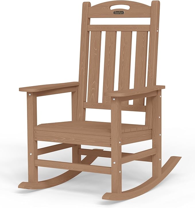 Oversized Outdoor Rocking Chair, High Back Porch Rocker Chair,HDPE All Weather Resistant RockingChairs for Patio, 380lbs Weight Capacity,Teak