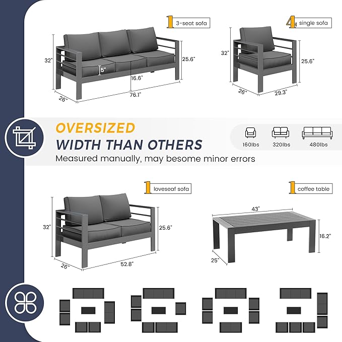 UDPATIO 10 Piece Aluminum Patio Furniture Set, Oversized Modern Outdoor Furniture Set with Olefin Fabric Cushion for Patio Deck Backyard, Dark Grey (with Waterproof Covers)