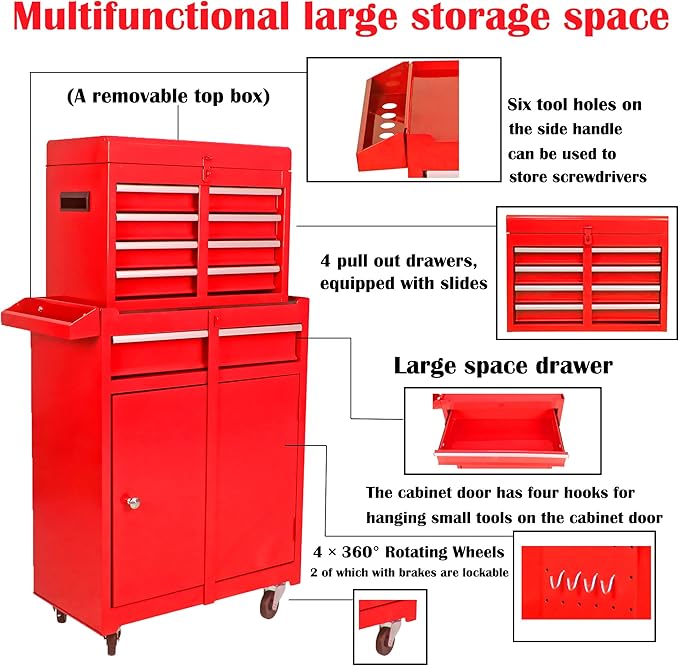 5 Drawer Rolling Tool Chest,Tool Storage Cabinet & Tool Box Cart with Wheels, Big Tools Removable Tool Box Combo,Tools Storage Boxs,Tools Case for Garage Warehouse Workshop (Red)