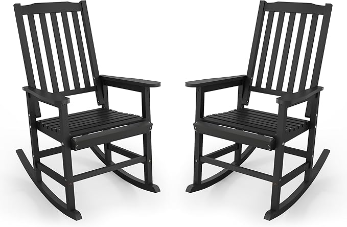 Outdoor Rocking Chairs Set of 2, Rocking Chair Outdoor All Weather Wooden Rockers, Heavy Duty 350lbs, High Back Wide Seat Patio Chairs for Porch, Backyard, Garden, Black