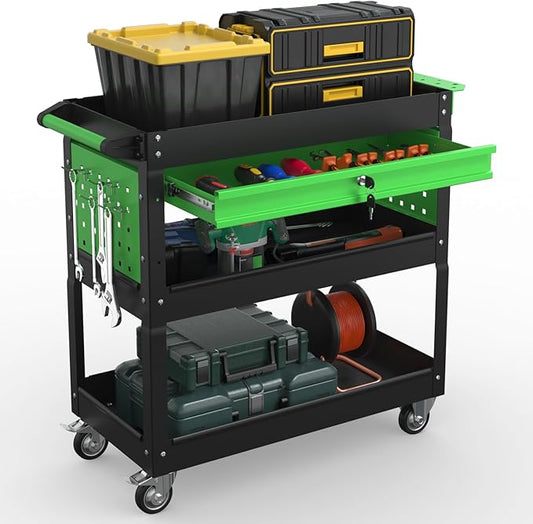 3 Tray Rolling Tool Cart, 400 LBS Capacity Mechanic Tool Carts on Wheels, Heavy Duty Utility Cart with Drawers, Metal Work Cart for Garage, Warehouse and Repair Shop, Blackgreen