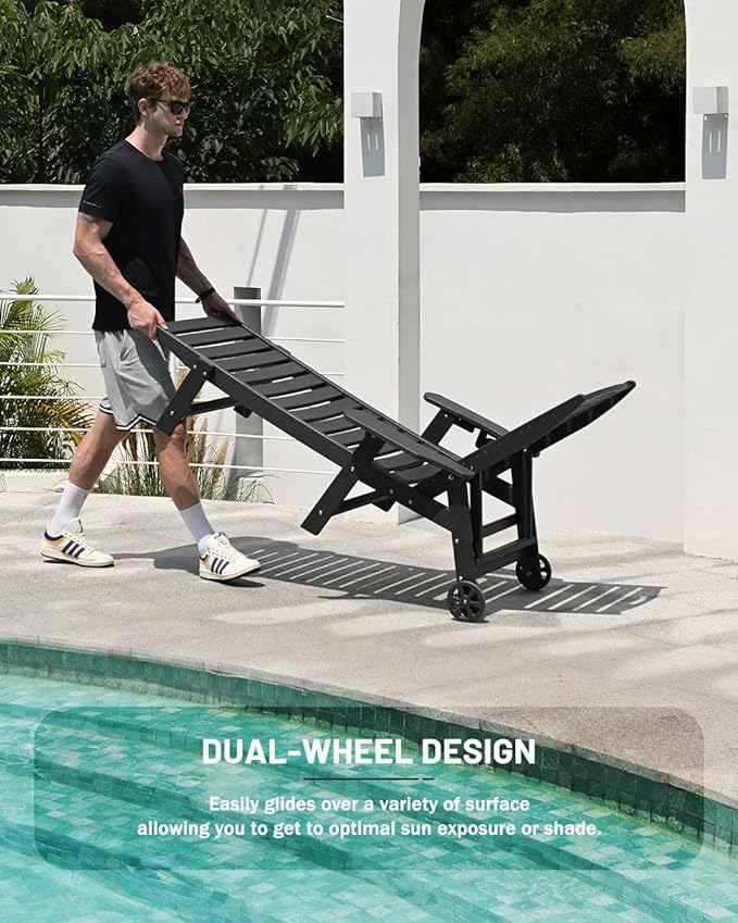 Modern Oversized HDPE Chaise Lounge Chair Outdoor Set of 2, Black with 6-Position Adjustable Backrest, Wheels, Cup Holder for Pool, Patio, Beach, Sunbathing