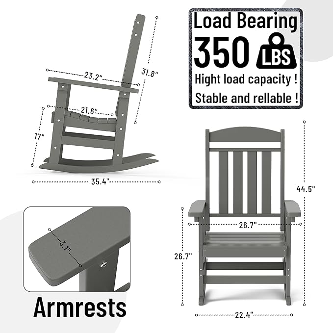 Outdoor Rocking Chairs Set of 6, Oversized High Back Patio Rocking Chairs, All Weather Porch Rocking Chairs for Outside. Dark Grey