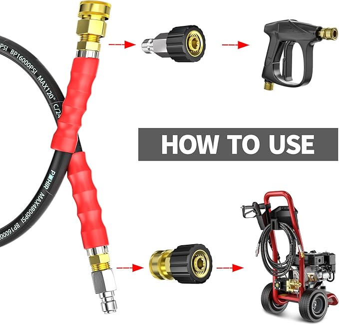 POHIR 3FT Pressure Washer Jumper Hose, 4800 PSI Pressure Washer Whip Hoses 3/8'' ID, Reel Connector with Removable Quick Connect