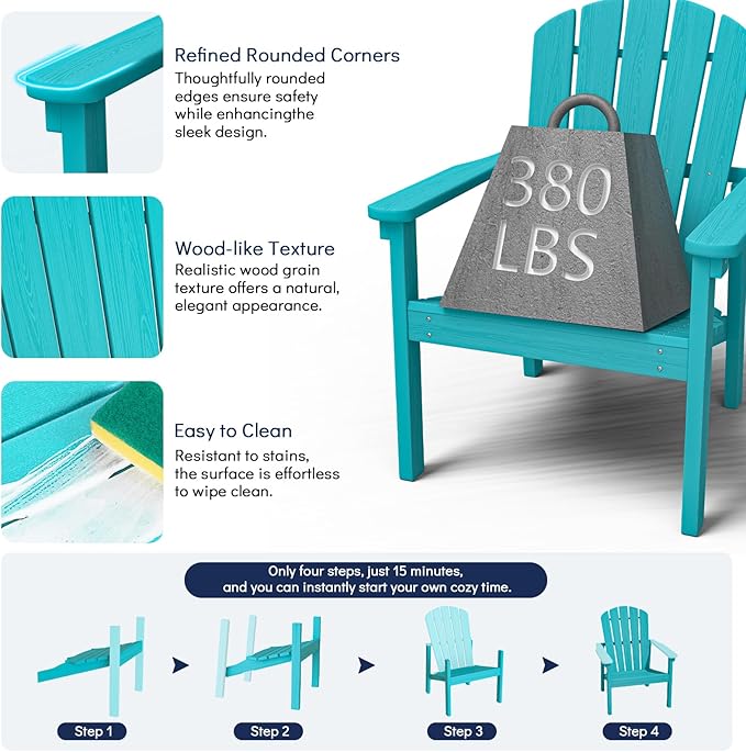nevilywood Compact Stackable Adirondack Chairs Set of 4, 26.3" Wide HDPE Outdoor Patio Chairs - Durable, Space-Saving Design for Porch, Lawn or Garden, Aruba
