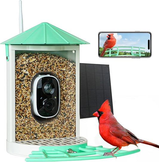 Birdkiss Smart Bird Feeder with Camera Solar, Auto Capture Bird Videos & Motion Detection, Birds Watching Camera Notify in Time, Metal Birds Feeder with Seed Guard, Ideal Present for Mom (Green)