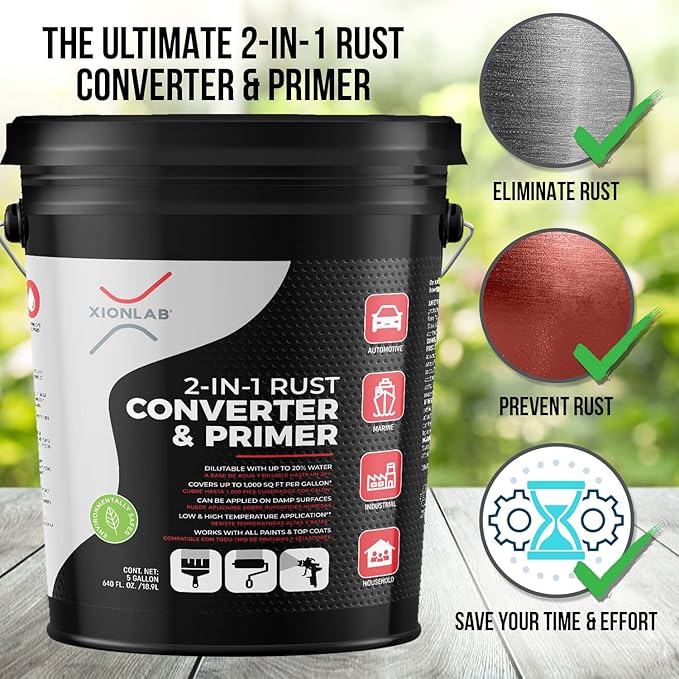 Xion Lab 2-in-1 Rust Converter & Metal Primer - Concentrate Covers Up to 4X More - Industrial Grade Water Based - UV Resistant Rust Reformer & Inhibitor - No Top Coat Needed - Works On Damp Surfaces