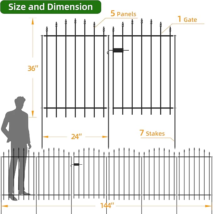 Metal Garden Fence with Gate 36 in H x 12 ft L, 1 Gate + 5 Panels Border Dog Fence Panels Animal Barrier, No Dig Garden Fencing for Yard Patio Flower Bed Lawn Outdoor, Arch Black