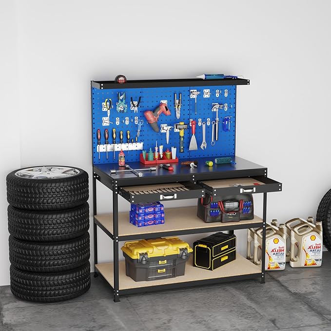 Goplus Workbench with Drawers, 48" x 24" Heavy-Duty Work Table with 3 PCS Pegboard & 4 Shelves, 24 Hanging Accessories, 506 LBS Capacity, Metal Tool Storage Work Bench for Garage, Workshop