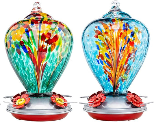 Muse Garden Gifts for Women Glass Hummingbird Feeder for Outdoors Hanging, Mother‘s Day Christmas Valentine Hummingbird Gifts for Women Mom, Ant Moat Included, 2 Pack, Turquoise and Comet