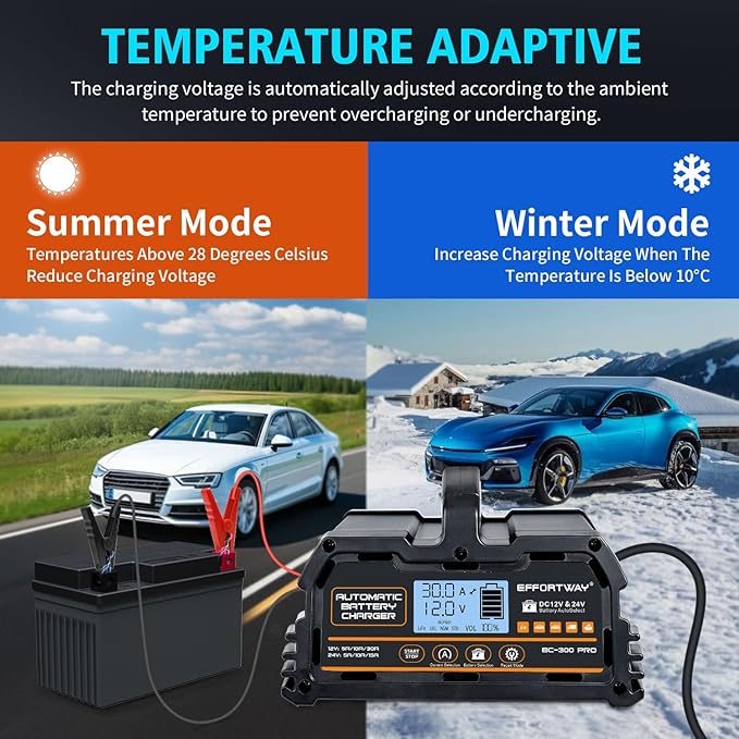 30A Battery Charger, 12V LiFePO4,12V/24V Lead-Acid Portable Automotive Battery Charger, 6-Stage Trickle Charger, Automotive Battery Maintainer for Cars, Trucks, Motorcycles and Lawnmowers