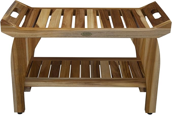 EcoDecors 30 Inch Tranquility Natural Color Waterproof Teak Wood Shower Bench Stool Seat Chair For Inside Shower Storage Shelf Provides Safety, Storage, and Organization For Bathroom Accessories