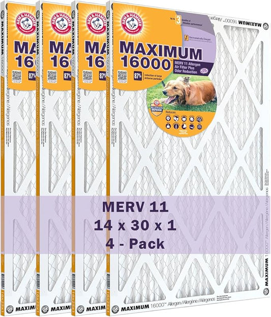 Arm & Hammer Max Allergen & Odor Reduction 14x30x1 Air and Furnace Filter, MERV 11, 4-Pack