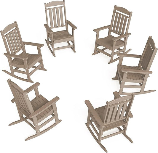 FOOWIN Outdoor Rocking Chair Set of 6, High Back Patio Rocking Chair, HDPE All Weather Resistant Porch Rocker for Adult, Oversized Rocking Chairs for Garden, Lawn, Indoor & Outdoor Use, Brown