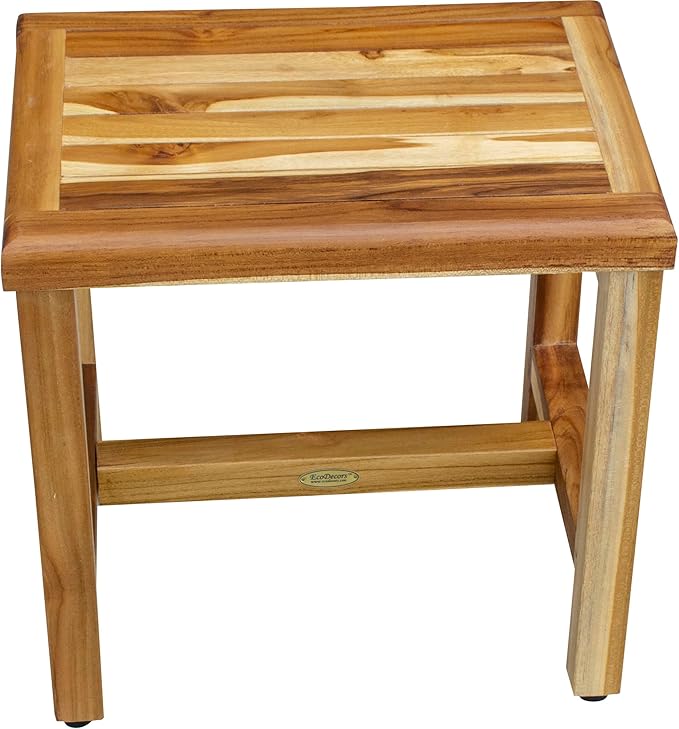EcoDecors 18 Inch Natural Teak Waterproof Teak Wood Shower Bench Stool Seat Chair For Inside Shower Provides Safety, Storage, and Organization For Bathroom Accessories